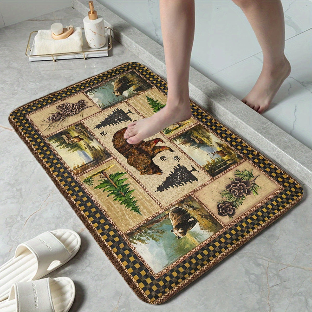 Rustic Wildlife and Pine Tree Print Non-Slip Bath Mat – 1cm Thick Polyester Flannel Memory Foam – Quick-Dry Absorbent Bathroom Rug with Antislip Backing – Machine Washable, Christmas Ready