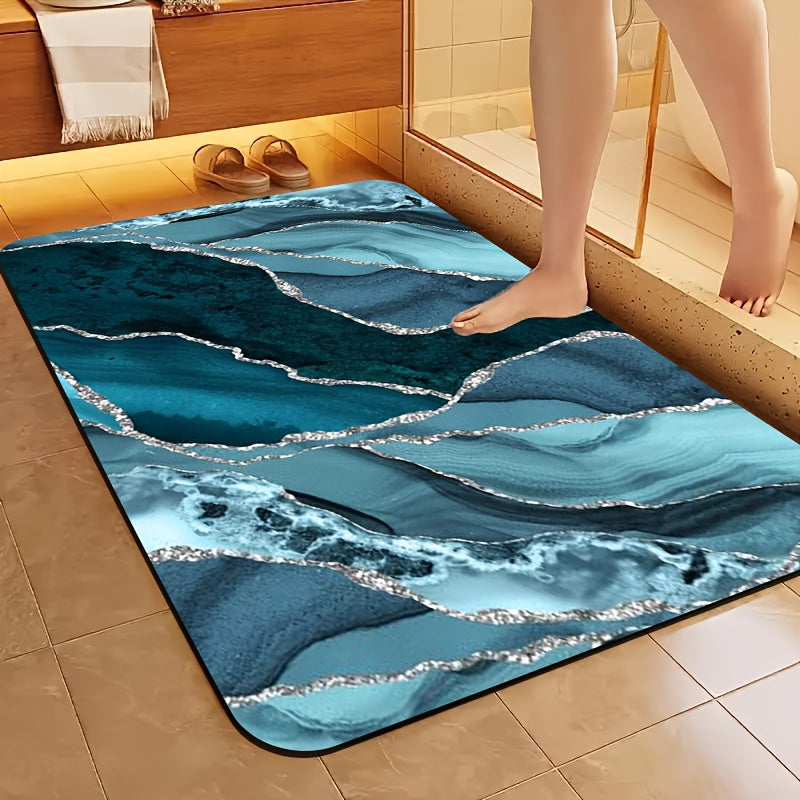 1pc Diatomite Bath Mat with Ocean Blue and Silvery Artistic Pattern Print, Quick-Dry Non-Slip Absorbent Floor Mat – Soft & Comfortable for Bathroom, Shower, Laundry Room, Bedroom, Doorway, RV Kitchen Rug, Bathroom Rugs, Non Slip Bathtub Mat, Bath Matts