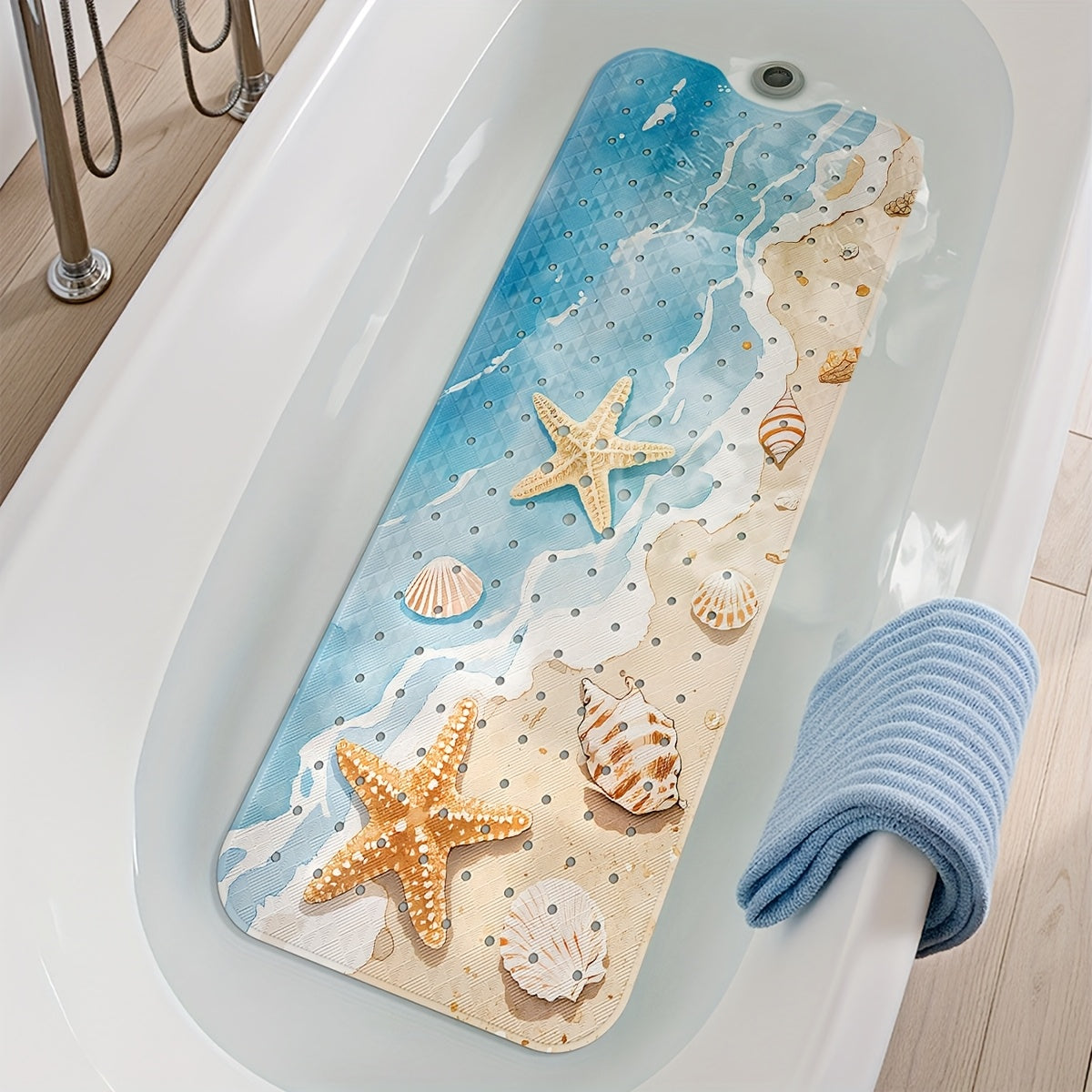 1pc DAJIANG Beach Starfish Print Non-Slip Shower Mat - PVC Bath Mat with Ocean Waves & Seashells Design, Blue & White, Perfect for Bathroom, Bathtub, and Shower Safety, Bathtub Mat