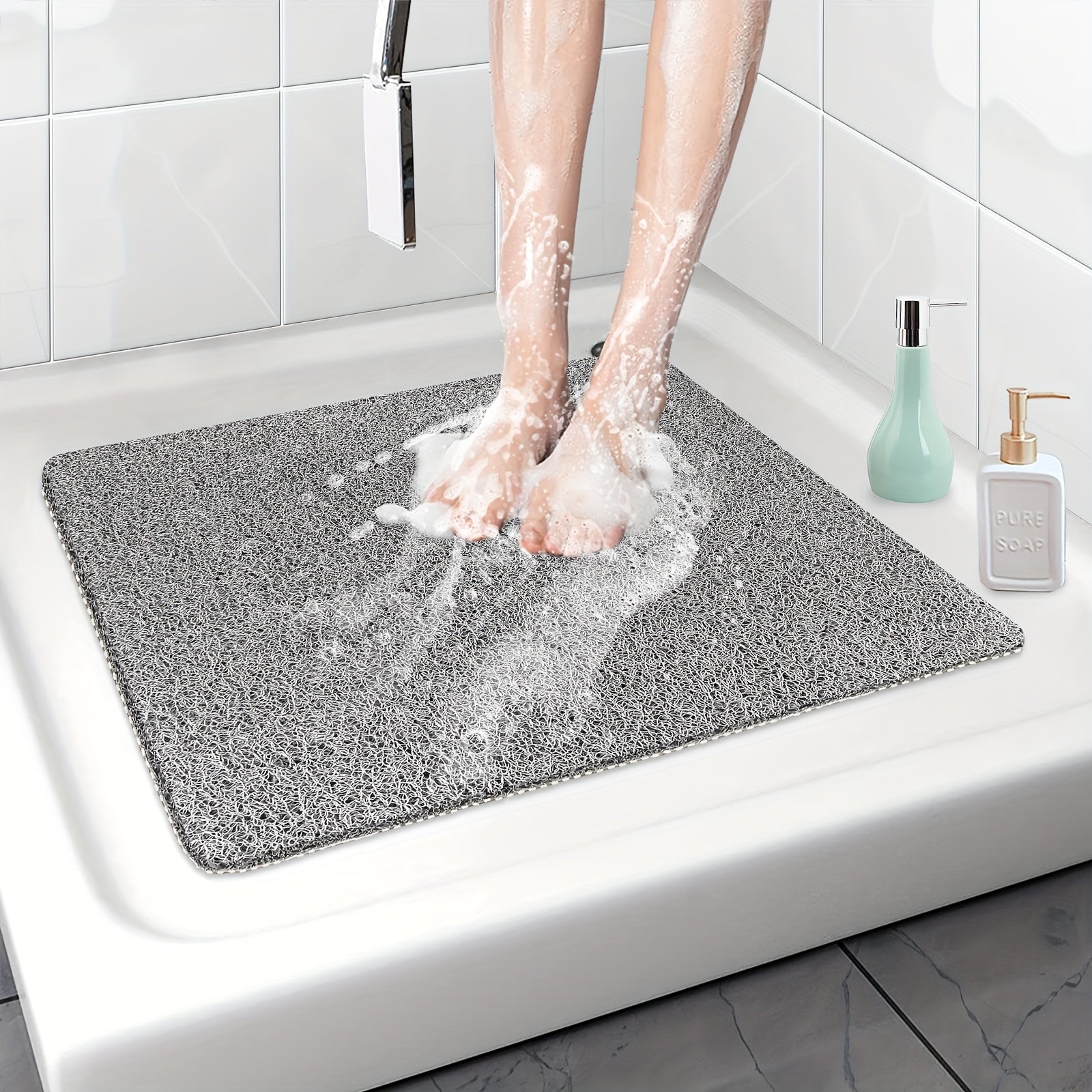 1pc Bathroom Non-slip Mat, Foaming Loofah Base Shower Mat, Waterproof Floor Mat, 21*21in, Bath Supplies
