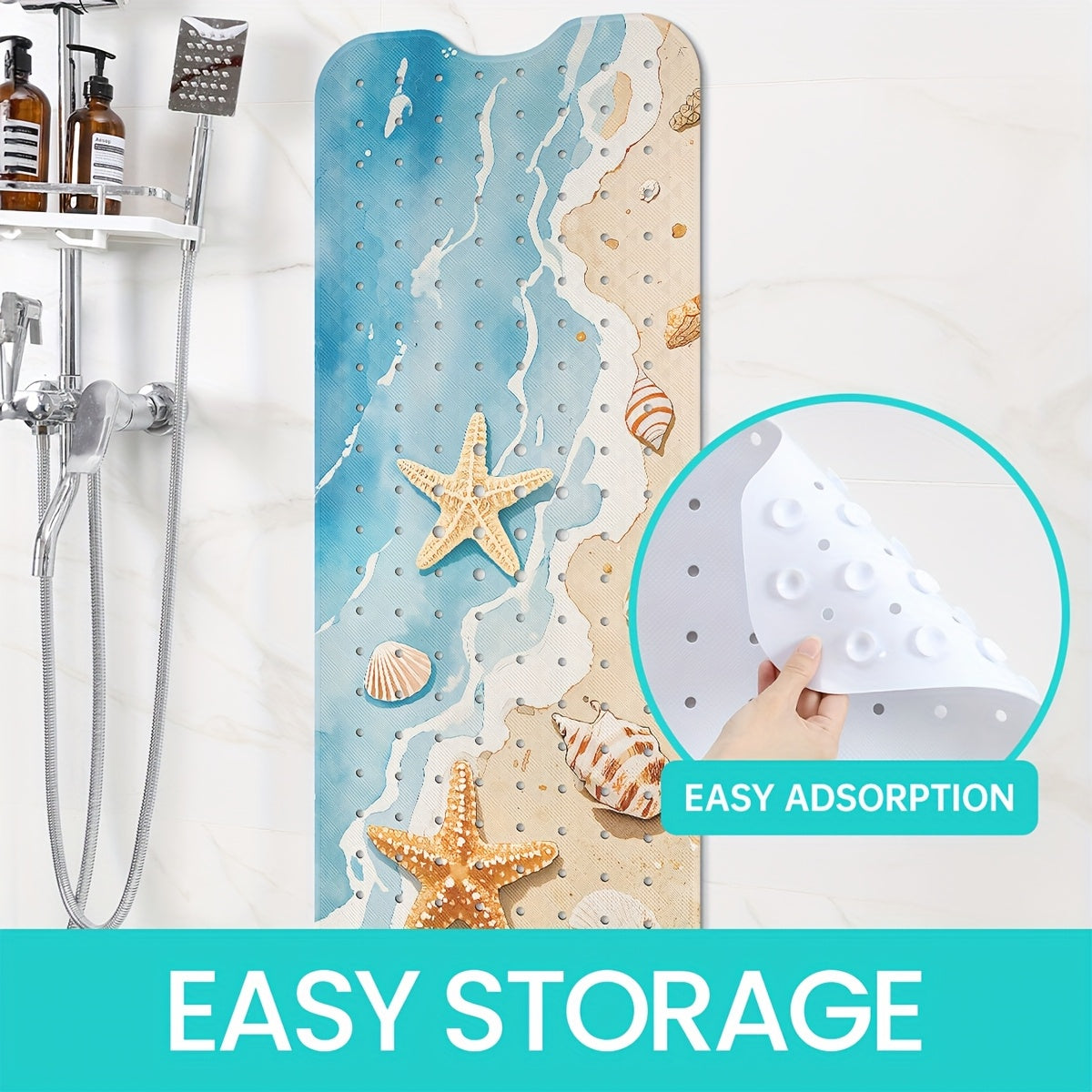 1pc DAJIANG Beach Starfish Print Non-Slip Shower Mat - PVC Bath Mat with Ocean Waves & Seashells Design, Blue & White, Perfect for Bathroom, Bathtub, and Shower Safety, Bathtub Mat
