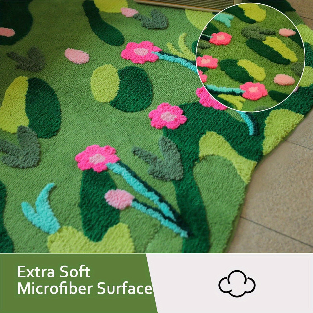 Green Moss Bathroom Rugs Bath Mat Non Slip, Ultra Soft Absorbent Aesthetic Decor Shaggy Tufted Flower Long Bath Rugs For Bathroom Floor, Shower, Bedroom, Machine Washable Dry