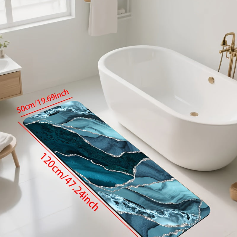 1pc Diatomite Bath Mat with Ocean Blue and Silvery Artistic Pattern Print, Quick-Dry Non-Slip Absorbent Floor Mat – Soft & Comfortable for Bathroom, Shower, Laundry Room, Bedroom, Doorway, RV Kitchen Rug, Bathroom Rugs, Non Slip Bathtub Mat, Bath Matts