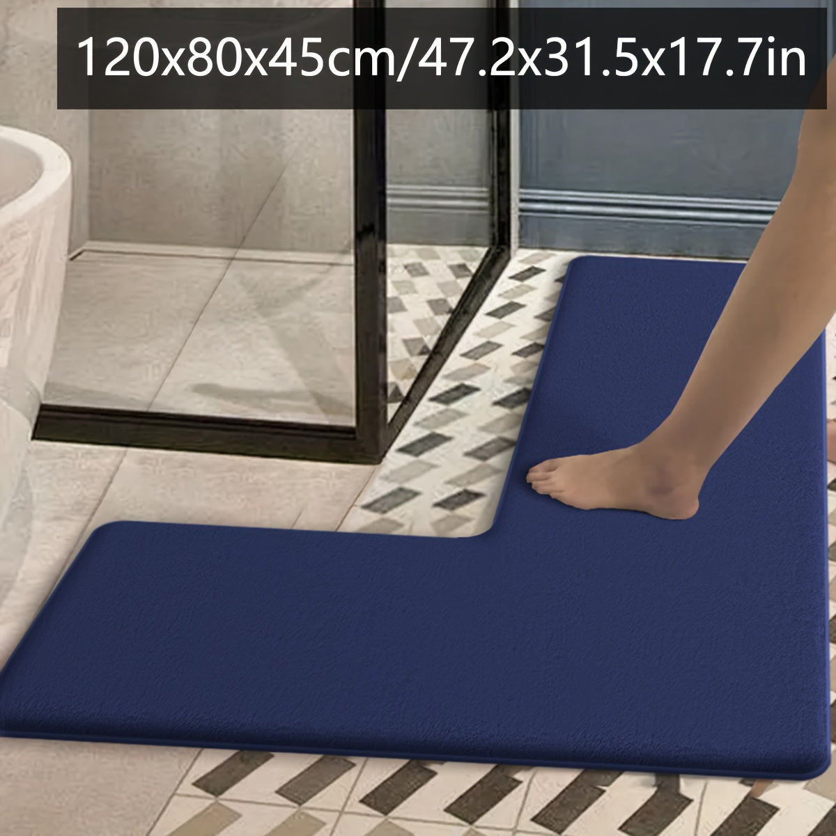 Luxurious Dark Blue Flannel Bath Mat - Absorbent, Non-Slip, L-Shaped Shower Door Mat for Bathroom Safety, Soft and Plush Texture, Perfect for Modern Bathrooms, Bathroom Mat