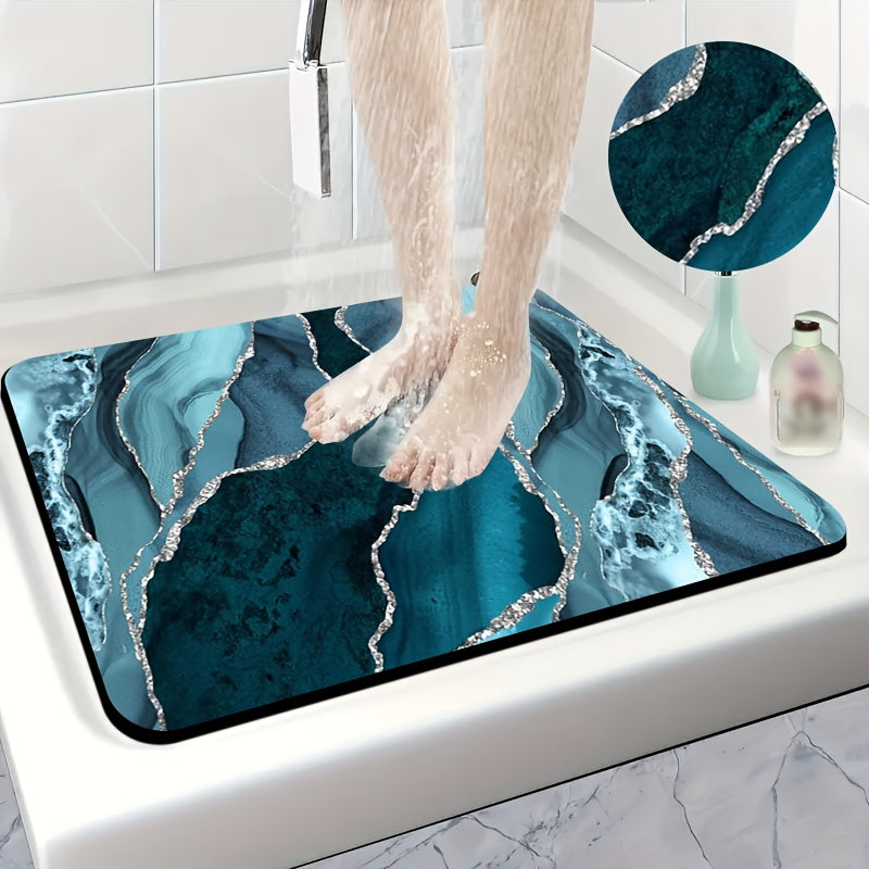 1pc Diatomite Bath Mat with Ocean Blue and Silvery Artistic Pattern Print, Quick-Dry Non-Slip Absorbent Floor Mat – Soft & Comfortable for Bathroom, Shower, Laundry Room, Bedroom, Doorway, RV Kitchen Rug, Bathroom Rugs, Non Slip Bathtub Mat, Bath Matts