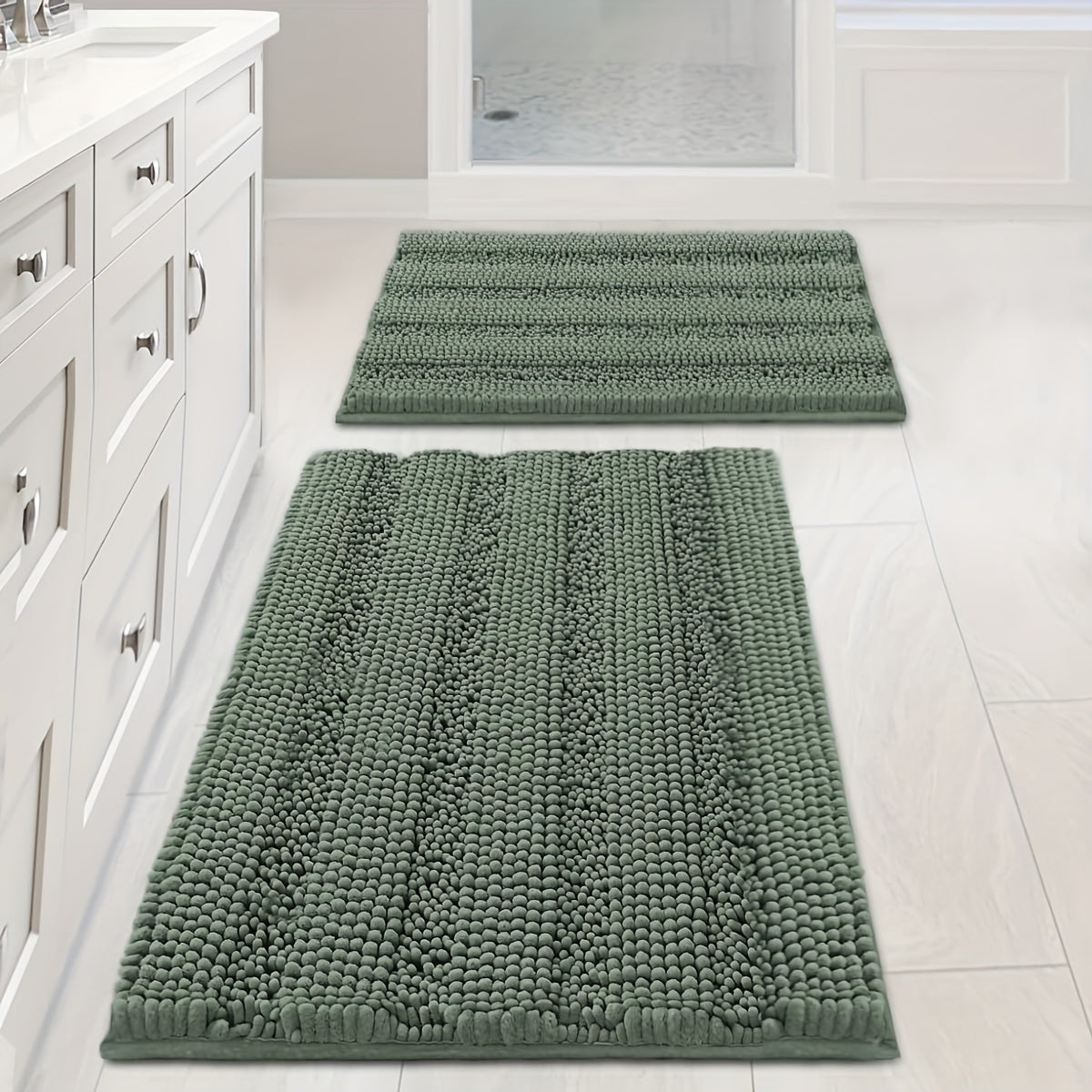 [Extra Thick, Bathroom Rugs] AIERJIA Extra Thick Chenille Bathroom Rugs Set Of 2 | Non-Skid Shaggy Striped Pattern Bath Mats For Bathroom Floor (32 X 20 Plus 24 X 17 - Inches)