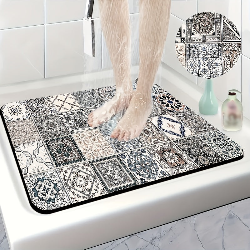 1pc Diatomite Bath Mat, Classic Retro Tile Pattern Print Design, Quick-Dry & Non-Slip Absorbent Floor Mat, Soft and Comfortable for Bathroom, Shower, Laundry Room, Bedroom, Doorway, Kitchen Rug, RV Bathroom