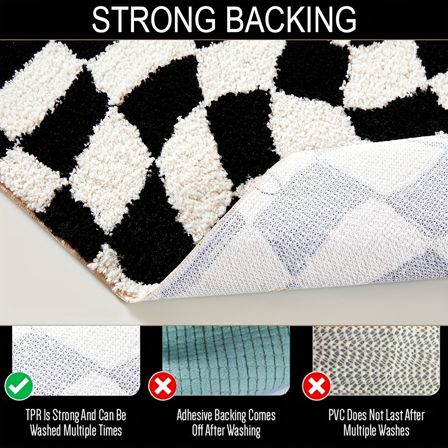 [Non-Slip Bath Rug] Non-Slip, Machine Washable 1pc Checkered Bath Rug | Plush Polyester Bathroom Mat with Black & White Geometric Pattern, 2cm Thick Durable Floor Mat for Shower, Sink & Toilet Areas