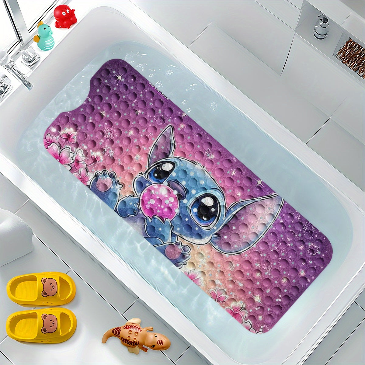 Stitch Pink Purple Sky Background Stars & Heart Cartoon Style Bathtub Mat - Non-Slip PVC Water-Absorbent Soft Bath Mats for Bathroom, 15.7x39.3 Inches, Machine Washable