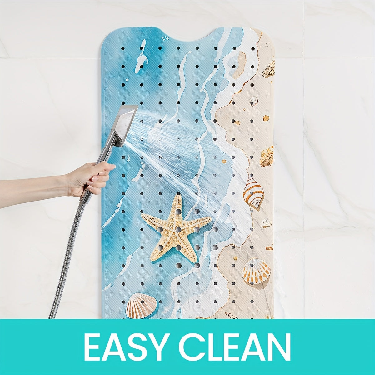 1pc DAJIANG Beach Starfish Print Non-Slip Shower Mat - PVC Bath Mat with Ocean Waves & Seashells Design, Blue & White, Perfect for Bathroom, Bathtub, and Shower Safety, Bathtub Mat