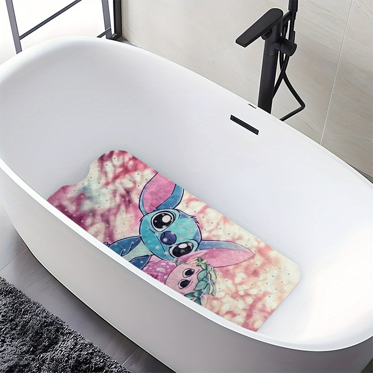 Stitch, Pink and Purple Tone Cartoon Style Bathtub Mat - Non-Slip Bathroom Bath Mats for Shower Floor - 40x100cm / 15.7x39.3in, Extra Long Soft Water-Absorbent Anti-Skid Tub Mat Collection