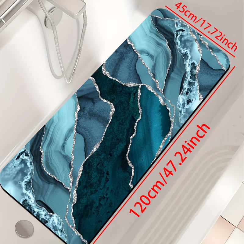 1pc Diatomite Bath Mat with Ocean Blue and Silvery Artistic Pattern Print, Quick-Dry Non-Slip Absorbent Floor Mat – Soft & Comfortable for Bathroom, Shower, Laundry Room, Bedroom, Doorway, RV Kitchen Rug, Bathroom Rugs, Non Slip Bathtub Mat, Bath Matts