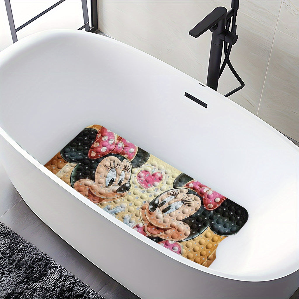 Disney'S Minnie Mouse Bath Mat Features Pink Love Hearts And Bubbles, Set Against a Warm-Colored Background in a Cartoon Style. This Non-Slip Mat Measures 40*100Cm (15.7*39.3 Inches) And Provides a Comfortable, Water-Absorbent Surface for Your Bathroom.