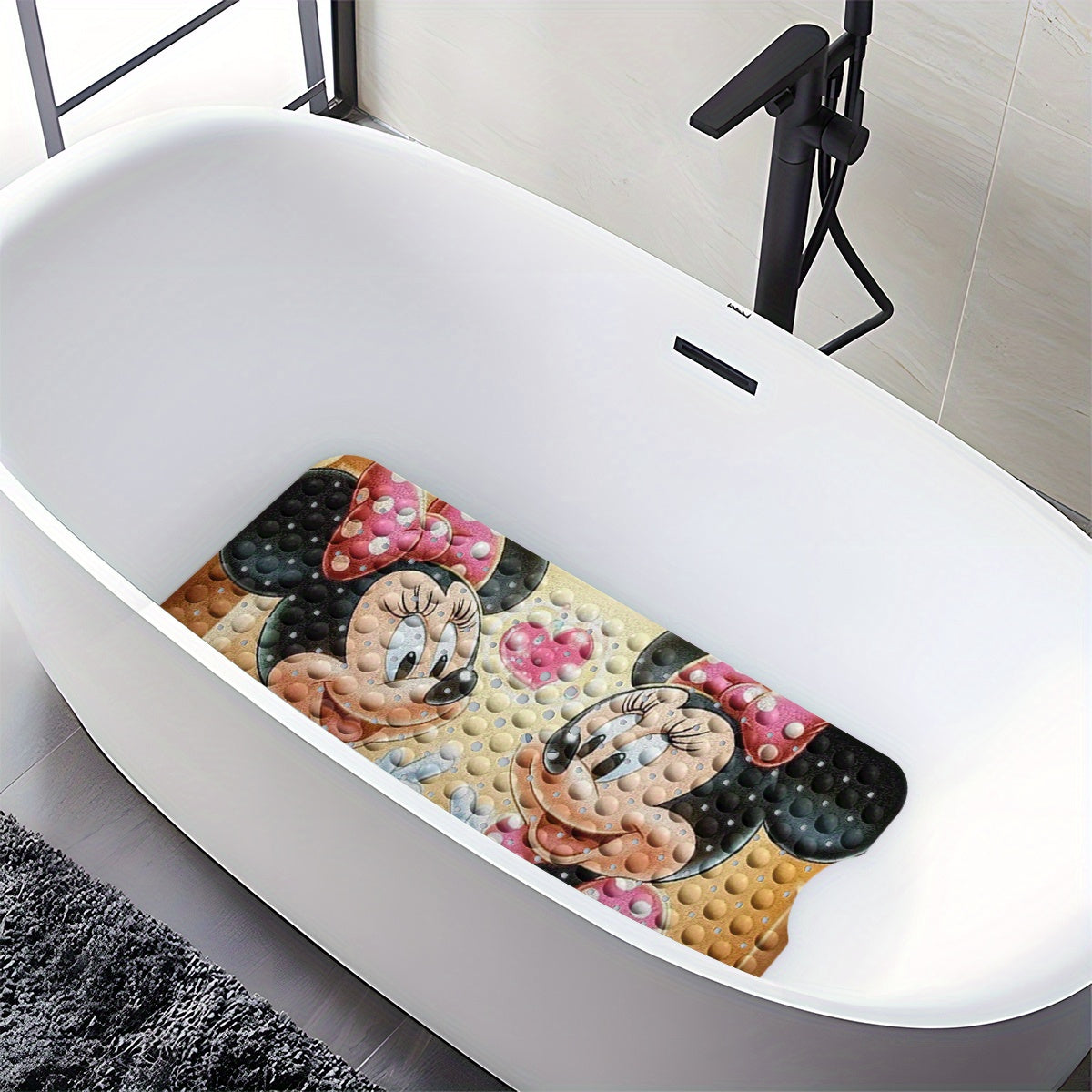 Disney'S Minnie Mouse Bath Mat Features Pink Love Hearts And Bubbles, Set Against a Warm-Colored Background in a Cartoon Style. This Non-Slip Mat Measures 40*100Cm (15.7*39.3 Inches) And Provides a Comfortable, Water-Absorbent Surface for Your Bathroom.