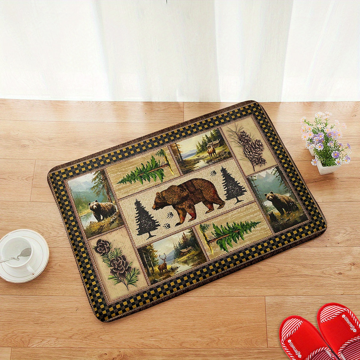 Rustic Wildlife and Pine Tree Print Non-Slip Bath Mat – 1cm Thick Polyester Flannel Memory Foam – Quick-Dry Absorbent Bathroom Rug with Antislip Backing – Machine Washable, Christmas Ready