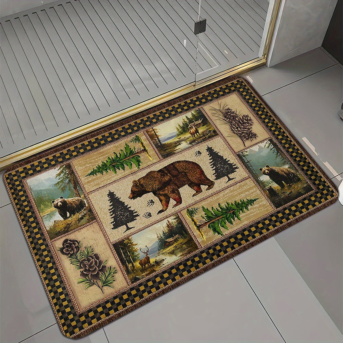 Rustic Wildlife and Pine Tree Print Non-Slip Bath Mat – 1cm Thick Polyester Flannel Memory Foam – Quick-Dry Absorbent Bathroom Rug with Antislip Backing – Machine Washable, Christmas Ready