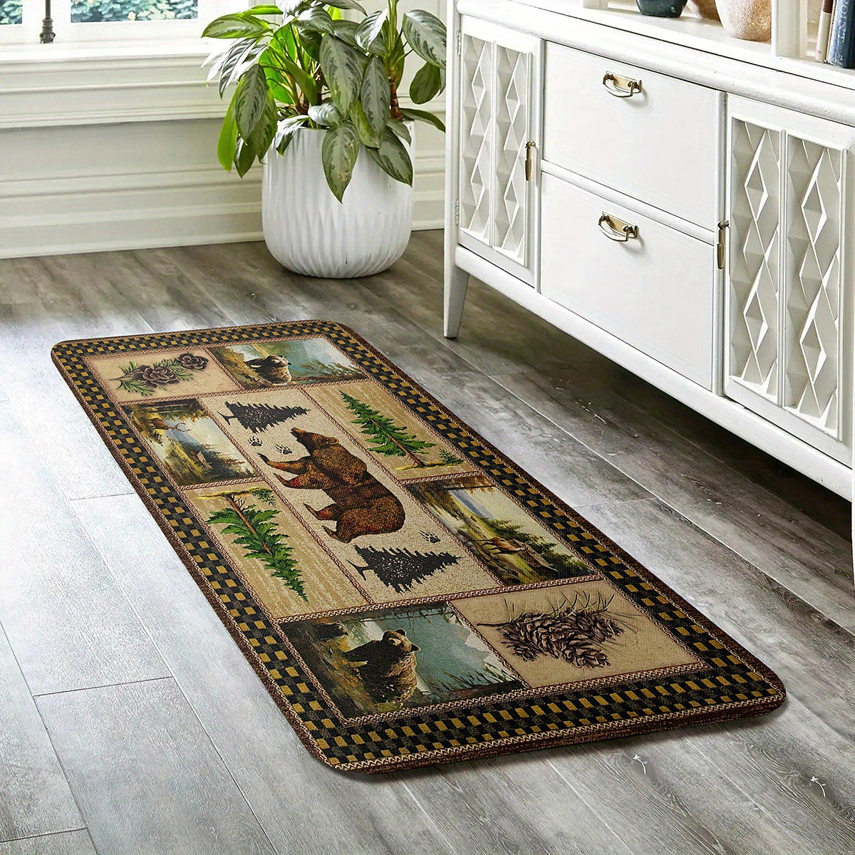 Rustic Wildlife and Pine Tree Print Non-Slip Bath Mat – 1cm Thick Polyester Flannel Memory Foam – Quick-Dry Absorbent Bathroom Rug with Antislip Backing – Machine Washable, Christmas Ready