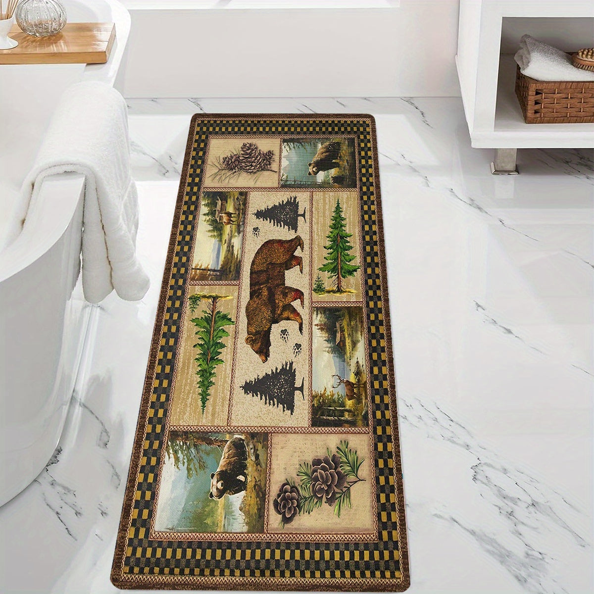 Rustic Wildlife and Pine Tree Print Non-Slip Bath Mat – 1cm Thick Polyester Flannel Memory Foam – Quick-Dry Absorbent Bathroom Rug with Antislip Backing – Machine Washable, Christmas Ready