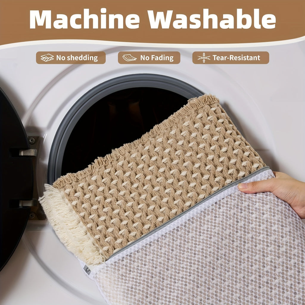 SIXHOME Braided Polyester Bath Mat - Soft, Non-Slip, Ultra-Absorbent, Machine Washable, Rectangular Bathroom Mat with Geometric Pattern, Light Brown, Bathroom Floor Mat|Geometric Pattern Mat|Soft Texture Mat, Bathroom Mat