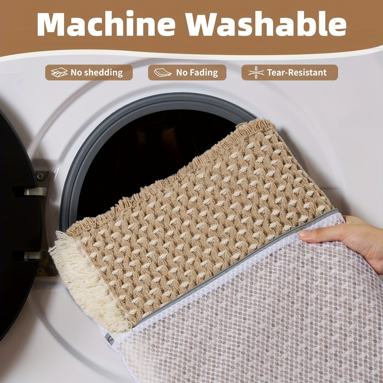 SIXHOME Braided Polyester Bath Mat - Soft, Non-Slip, Ultra-Absorbent, Machine Washable, Rectangular Bathroom Mat with Geometric Pattern, Light Brown, Bathroom Floor Mat|Geometric Pattern Mat|Soft Texture Mat, Bathroom Mat