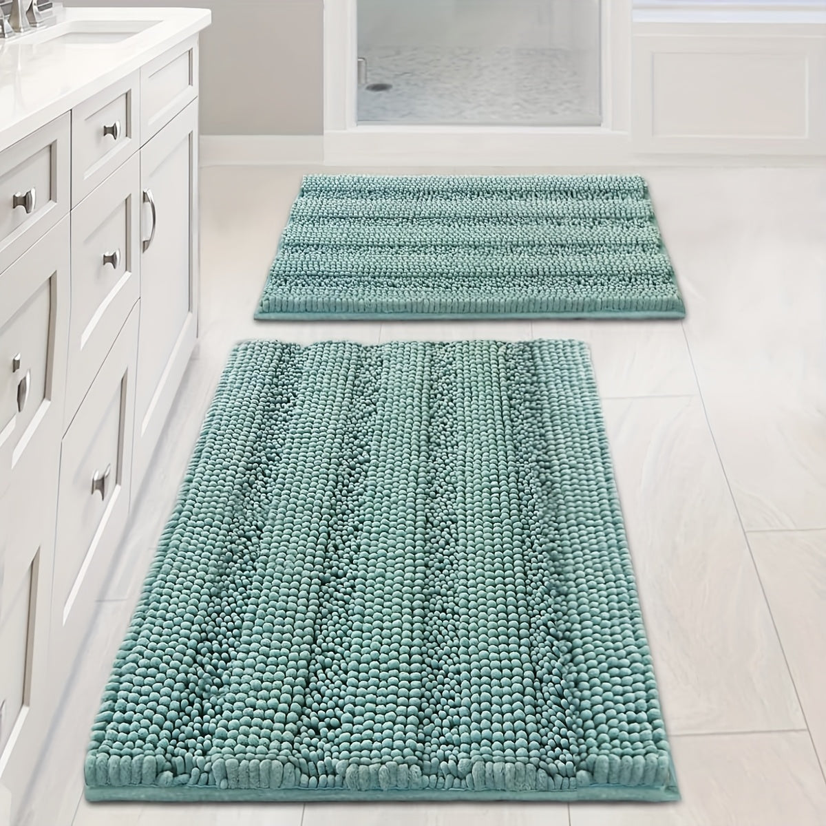 [Extra Thick, Bathroom Rugs] AIERJIA Extra Thick Chenille Bathroom Rugs Set Of 2 | Non-Skid Shaggy Striped Pattern Bath Mats For Bathroom Floor (32 X 20 Plus 24 X 17 - Inches)