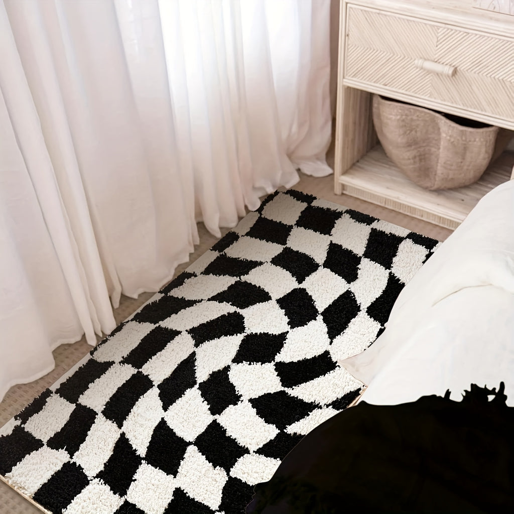[Non-Slip Bath Rug] Non-Slip, Machine Washable 1pc Checkered Bath Rug | Plush Polyester Bathroom Mat with Black & White Geometric Pattern, 2cm Thick Durable Floor Mat for Shower, Sink & Toilet Areas