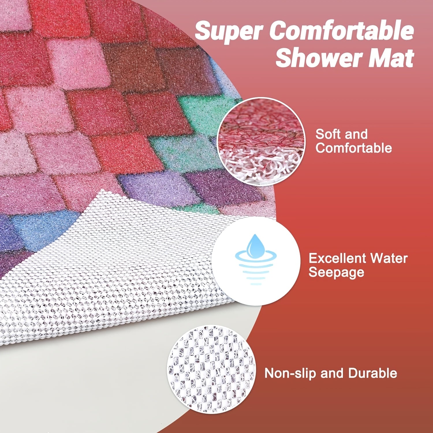 Non-Slip Shower Mat with Drain Holes - Quick-Dry Bath, Anti-Slip Bathroom Floor Mat, Soft Cushioned PVC Bath Mat for Shower, Bathtub, Kitchen - Easy Clean Bathroom Safety Mat, Mosaic Design, Elderly Care