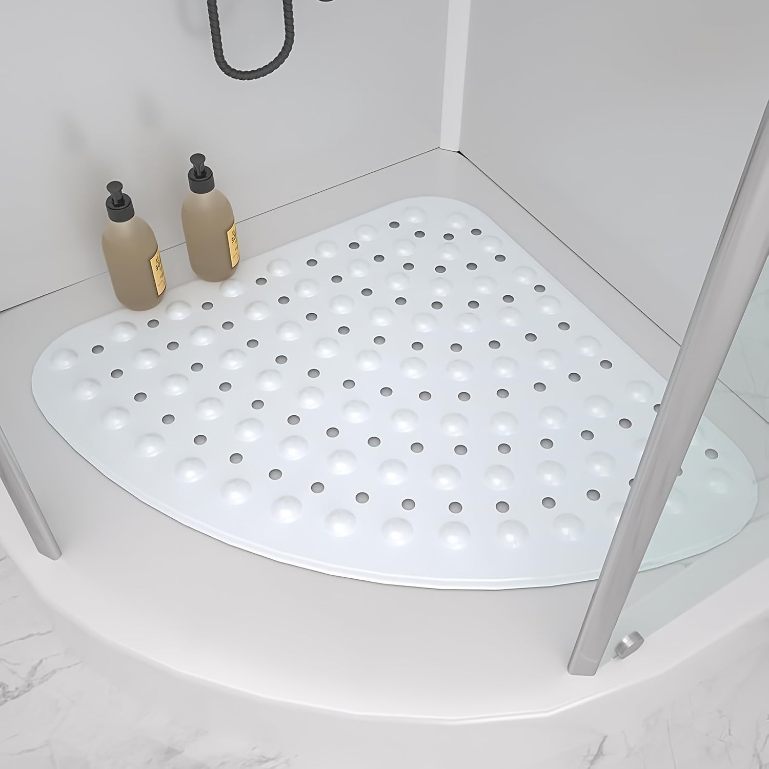 1pc Fan-Shaped Non-Slip Mat 21.26x21.26inch with Suction Cups, Drainage Holes, PVC Material, Machine Washable, Suitable for Bathroom, Kitchen, Greenhouse, Flower House, etc, Furniture Decoration