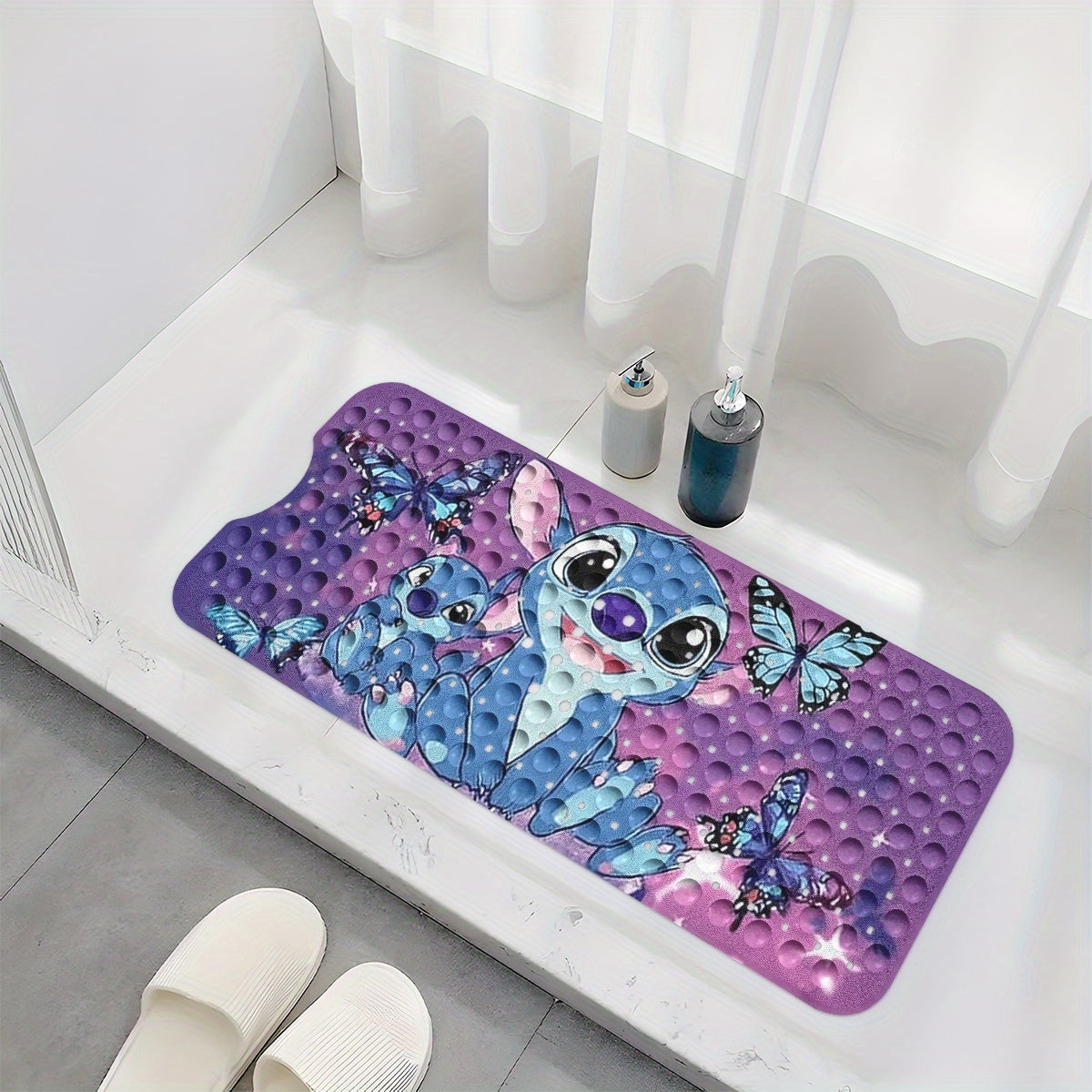 Disney Stitch, Purple Blue Black Pink Butterfly Gradient Background Cartoon Style Bathtub Mat - Non-Slip Bathroom Bath Mats for Shower Floor, 40x100cm / 15.7x39.3in, Comfortable Soft Water-Absorbent Anti-Slip Bath Mat