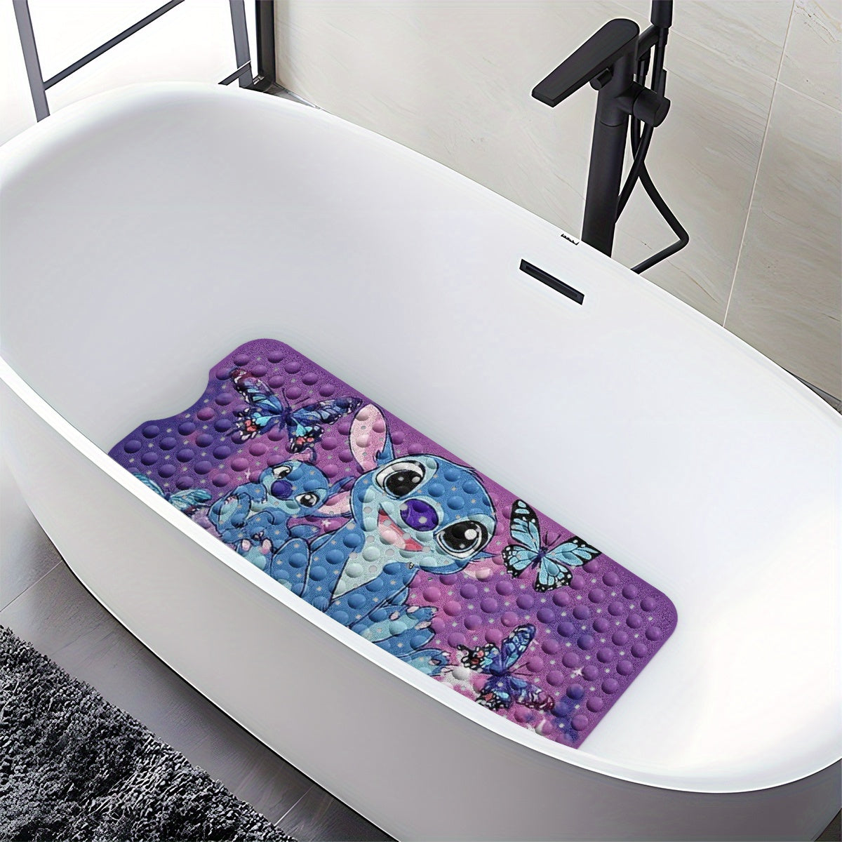 Disney Stitch, Purple Blue Black Pink Butterfly Gradient Background Cartoon Style Bathtub Mat - Non-Slip Bathroom Bath Mats for Shower Floor, 40x100cm / 15.7x39.3in, Comfortable Soft Water-Absorbent Anti-Slip Bath Mat