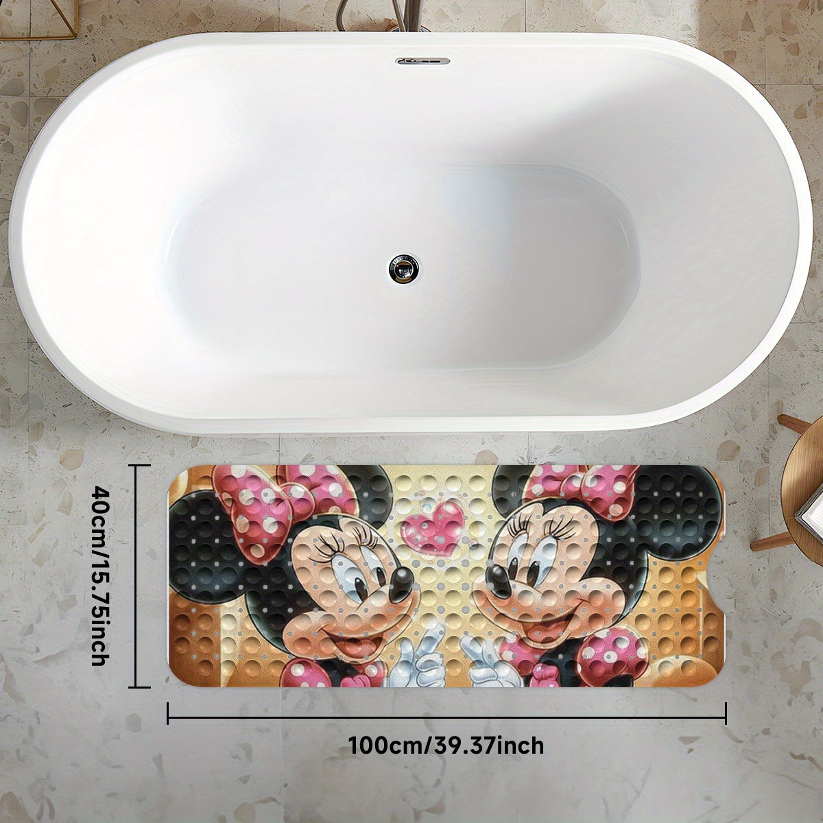 Disney'S Minnie Mouse Bath Mat Features Pink Love Hearts And Bubbles, Set Against a Warm-Colored Background in a Cartoon Style. This Non-Slip Mat Measures 40*100Cm (15.7*39.3 Inches) And Provides a Comfortable, Water-Absorbent Surface for Your Bathroom.
