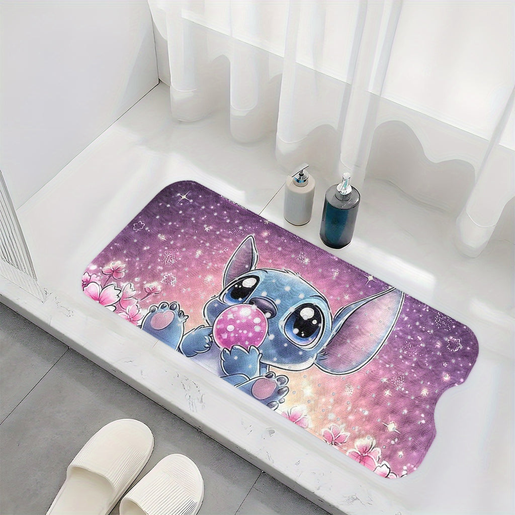 Stitch Pink Purple Sky Background Stars & Heart Cartoon Style Bathtub Mat - Non-Slip PVC Water-Absorbent Soft Bath Mats for Bathroom, 15.7x39.3 Inches, Machine Washable