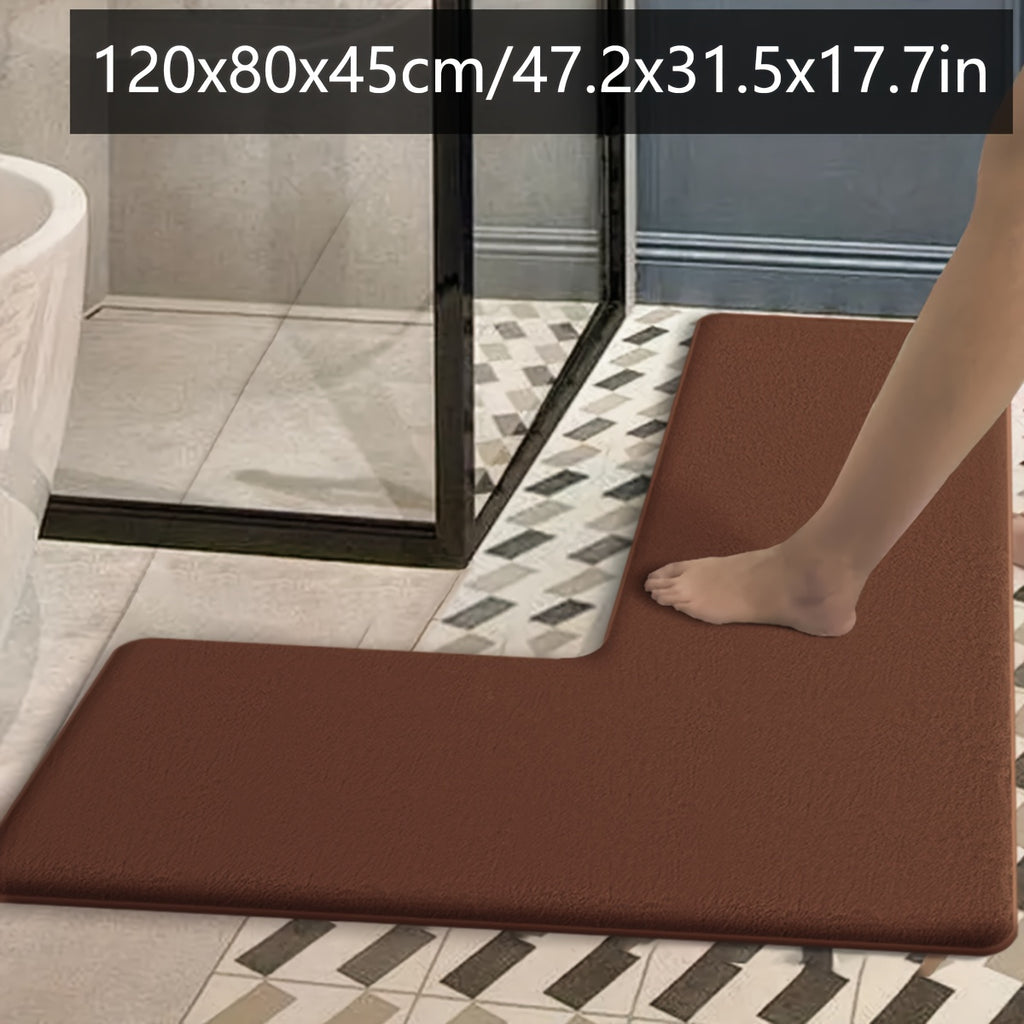 Luxurious Dark Blue Flannel Bath Mat - Absorbent, Non-Slip, L-Shaped Shower Door Mat for Bathroom Safety, Soft and Plush Texture, Perfect for Modern Bathrooms, Bathroom Mat
