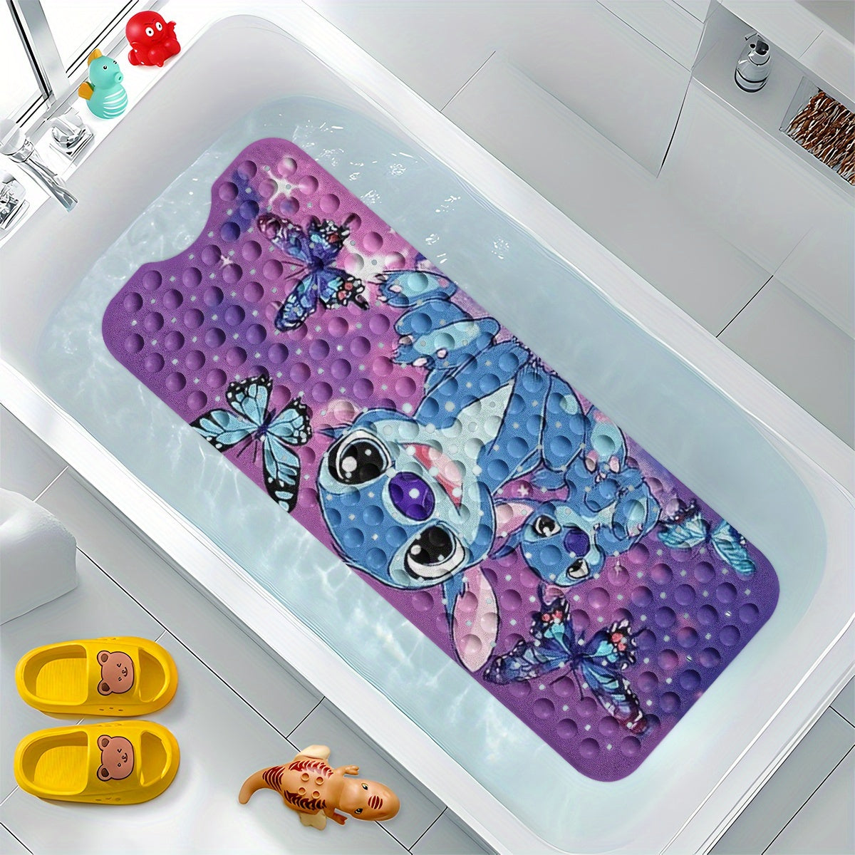 Disney Stitch, Purple Blue Black Pink Butterfly Gradient Background Cartoon Style Bathtub Mat - Non-Slip Bathroom Bath Mats for Shower Floor, 40x100cm / 15.7x39.3in, Comfortable Soft Water-Absorbent Anti-Slip Bath Mat