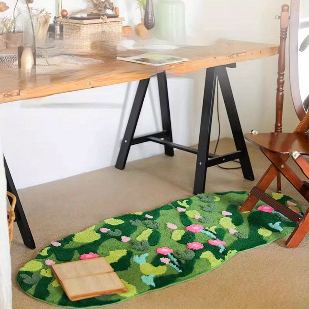Green Moss Bathroom Rugs Bath Mat Non Slip, Ultra Soft Absorbent Aesthetic Decor Shaggy Tufted Flower Long Bath Rugs For Bathroom Floor, Shower, Bedroom, Machine Washable Dry