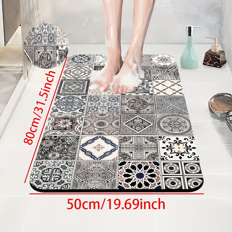 1pc Diatomite Bath Mat, Classic Retro Tile Pattern Print Design, Quick-Dry & Non-Slip Absorbent Floor Mat, Soft and Comfortable for Bathroom, Shower, Laundry Room, Bedroom, Doorway, Kitchen Rug, RV Bathroom