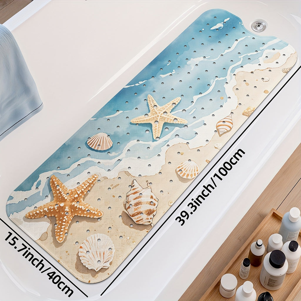 1pc DAJIANG Beach Starfish Print Non-Slip Shower Mat - PVC Bath Mat with Ocean Waves & Seashells Design, Blue & White, Perfect for Bathroom, Bathtub, and Shower Safety, Bathtub Mat