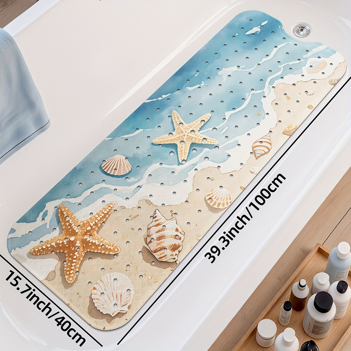 1pc DAJIANG Beach Starfish Print Non-Slip Shower Mat - PVC Bath Mat with Ocean Waves & Seashells Design, Blue & White, Perfect for Bathroom, Bathtub, and Shower Safety, Bathtub Mat