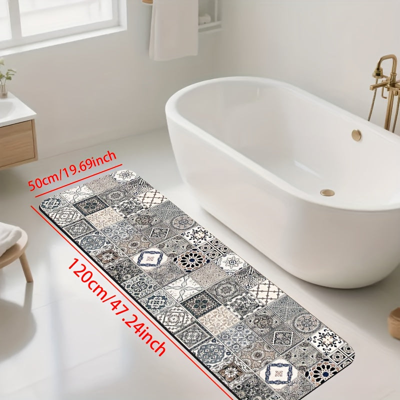 1pc Diatomite Bath Mat, Classic Retro Tile Pattern Print Design, Quick-Dry & Non-Slip Absorbent Floor Mat, Soft and Comfortable for Bathroom, Shower, Laundry Room, Bedroom, Doorway, Kitchen Rug, RV Bathroom