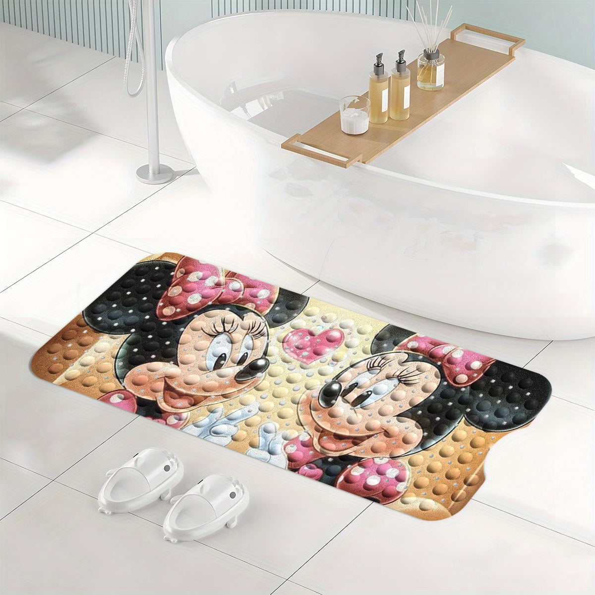 Disney'S Minnie Mouse Bath Mat Features Pink Love Hearts And Bubbles, Set Against a Warm-Colored Background in a Cartoon Style. This Non-Slip Mat Measures 40*100Cm (15.7*39.3 Inches) And Provides a Comfortable, Water-Absorbent Surface for Your Bathroom.