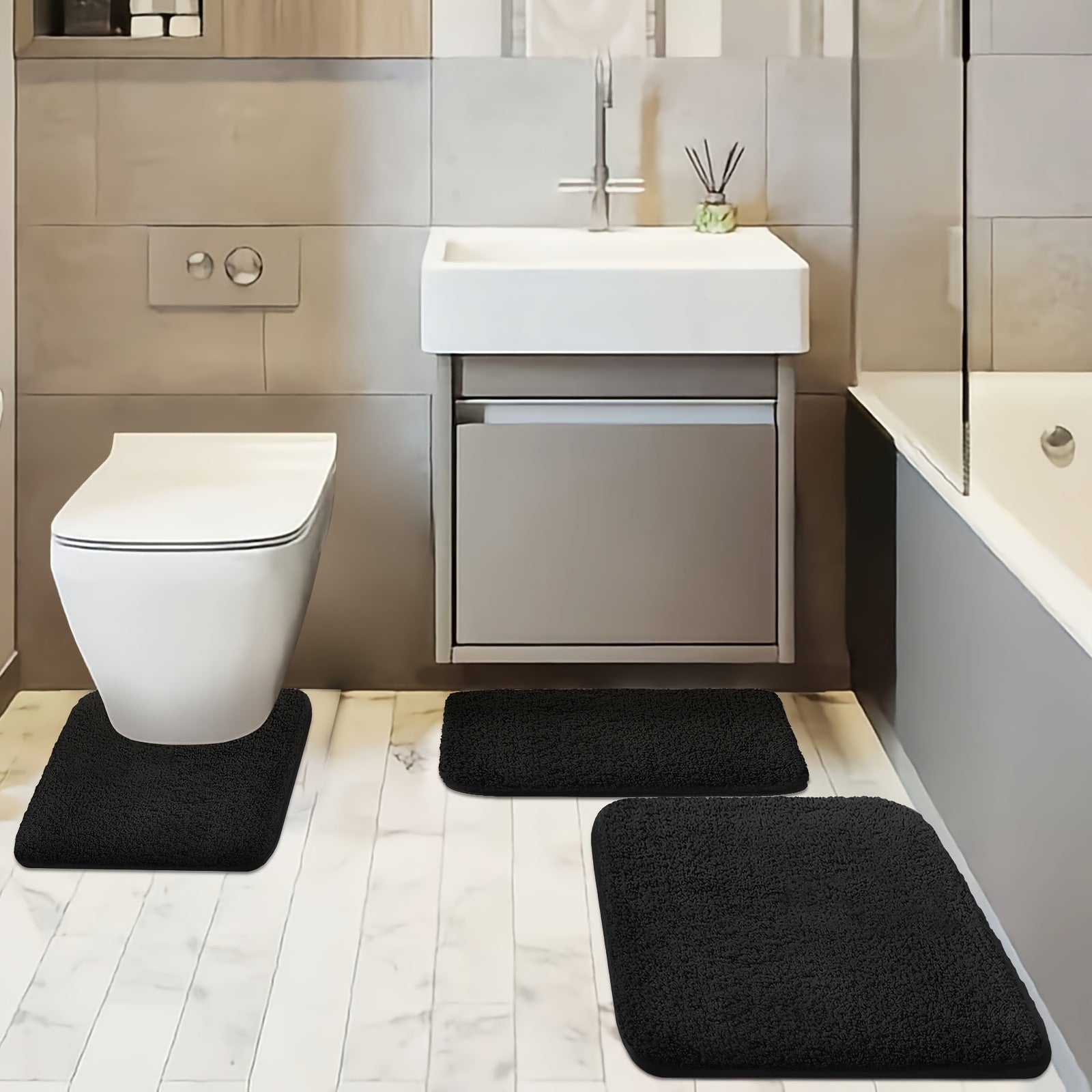 Three-piece Set of Extra Thick Bathroom Soft Floor Mats Simple Washbasin Mat Bathtub Absorbent Soft Foot Pad Bath Mat Toilet Seat