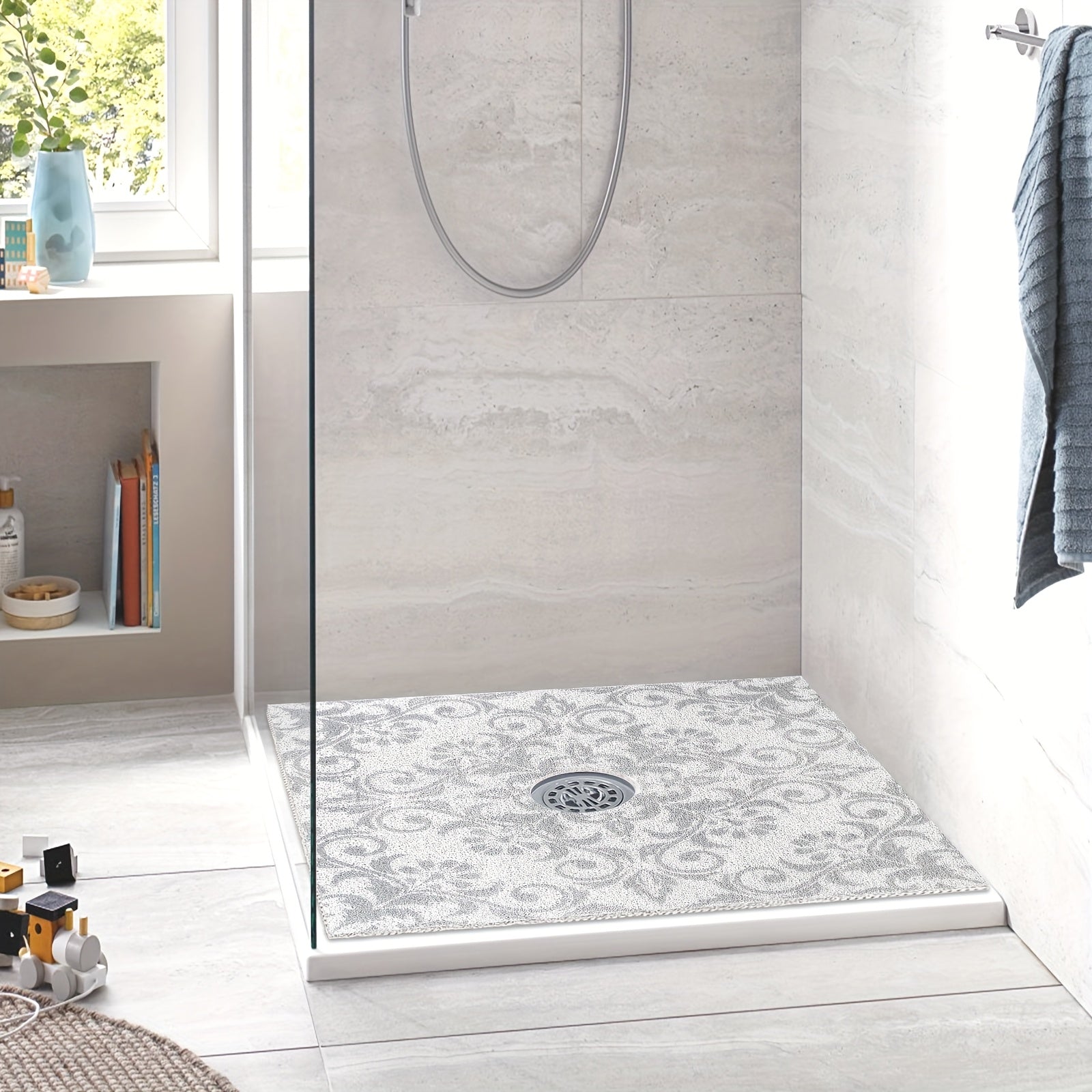 1pc Gray Floral PVC Bath Mat, 23.62*23.62 inches/31.5*31.5 inches, Quick-Dry, Non-Slip Shower Mat with Soft Loofah Sole, Durable, Comfortable and Safe for Bathroom Safety, Bathroom Ma