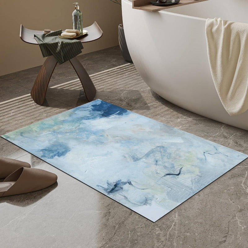 1pc Abstract Blue & White Marble Pattern Non-Slip Bath Mat - Super Absorbent, Easy to Clean & Washable, Durable Rubber Backing, Perfect for Bathroom, Kitchen, Bedroom, and Laundry Room Decor, Bathroom Mat