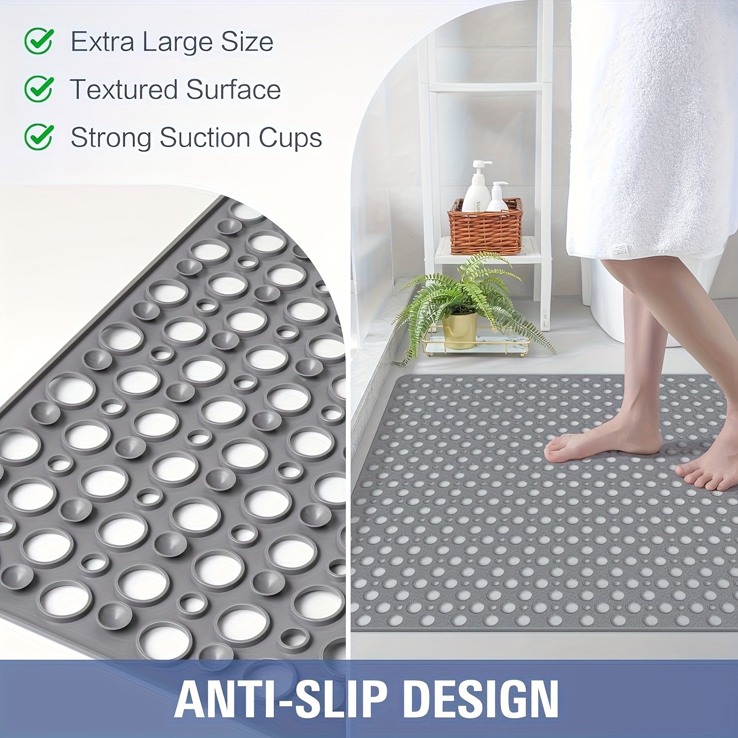 [Non-Slip Shower Mat] Non-Slip Shower Mat, Large | Round Hole Design with Drainage Holes and Strong Suction Cups for Enhanced Grip and Comfort, Machine Washable Bathroom TPE Safety Pad