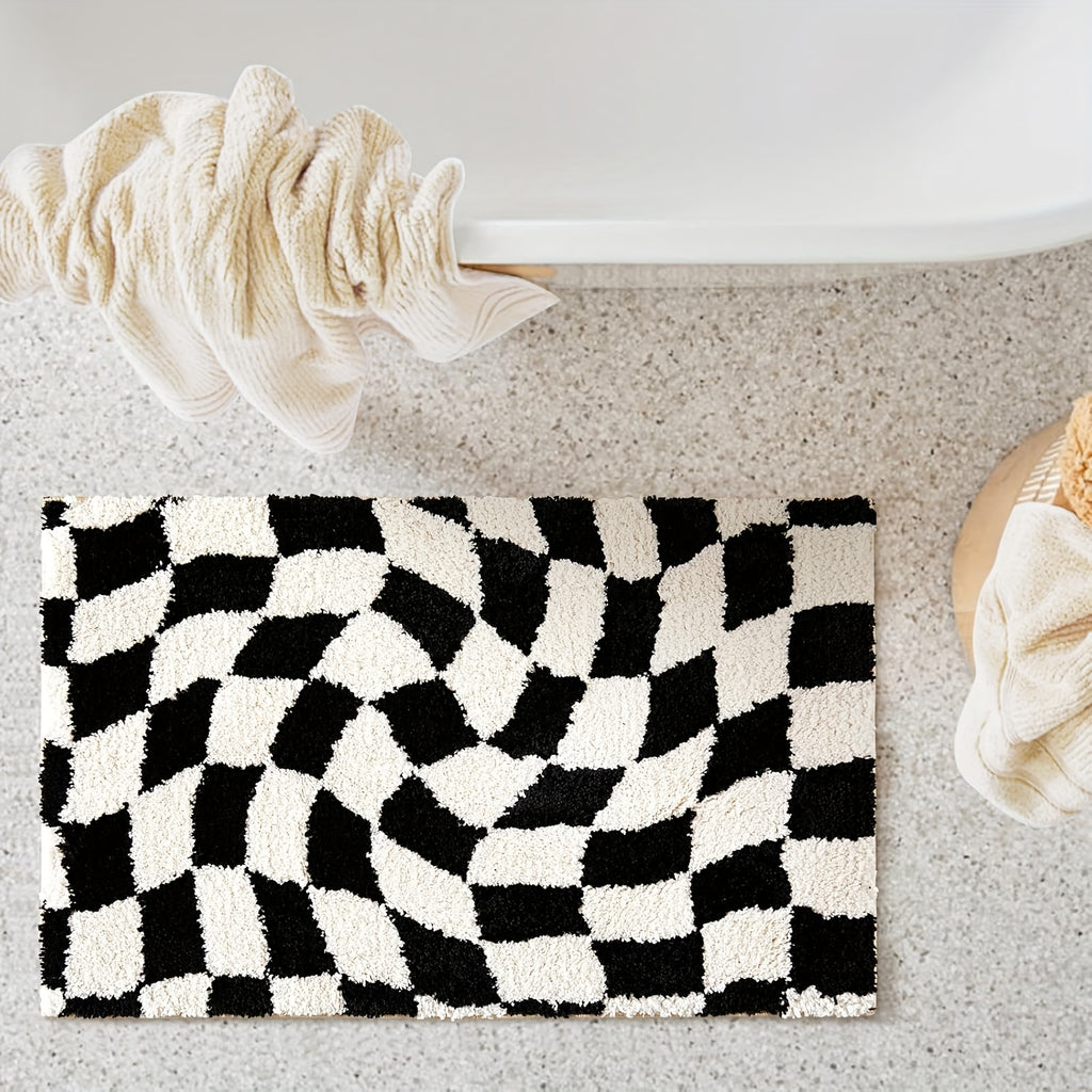 [Non-Slip Bath Rug] Non-Slip, Machine Washable 1pc Checkered Bath Rug | Plush Polyester Bathroom Mat with Black & White Geometric Pattern, 2cm Thick Durable Floor Mat for Shower, Sink & Toilet Areas