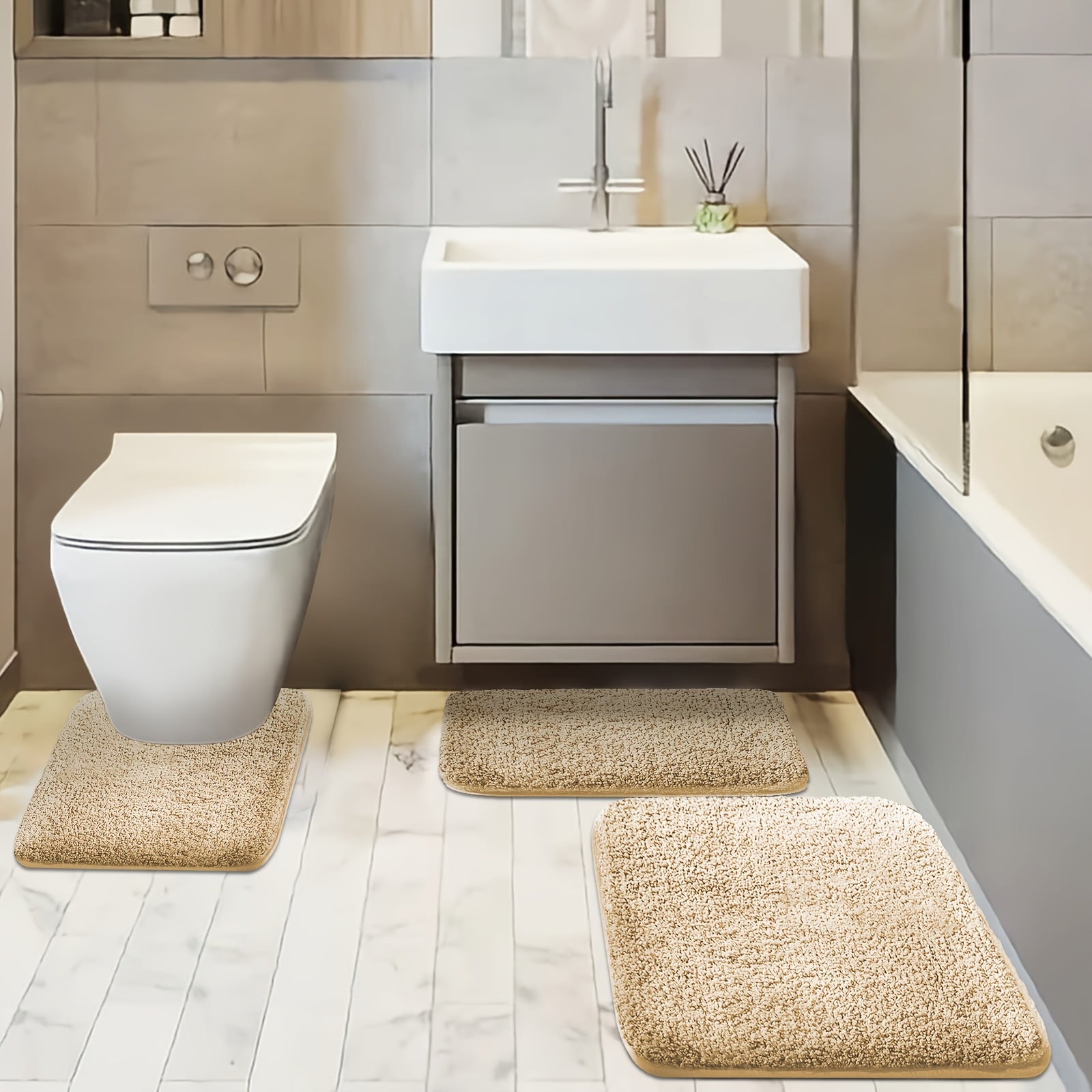 Three-piece Set of Extra Thick Bathroom Soft Floor Mats Simple Washbasin Mat Bathtub Absorbent Soft Foot Pad Bath Mat Toilet Seat