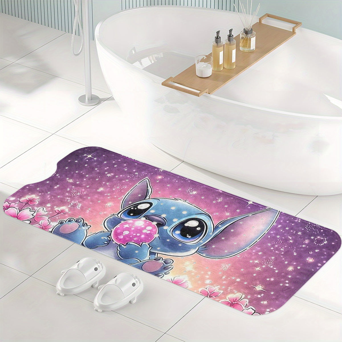 Stitch Pink Purple Sky Background Stars & Heart Cartoon Style Bathtub Mat - Non-Slip PVC Water-Absorbent Soft Bath Mats for Bathroom, 15.7x39.3 Inches, Machine Washable