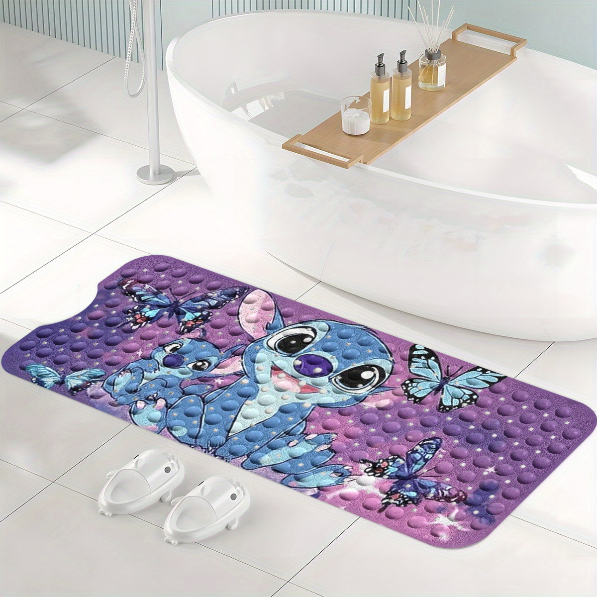 Disney Stitch, Purple Blue Black Pink Butterfly Gradient Background Cartoon Style Bathtub Mat - Non-Slip Bathroom Bath Mats for Shower Floor, 40x100cm / 15.7x39.3in, Comfortable Soft Water-Absorbent Anti-Slip Bath Mat