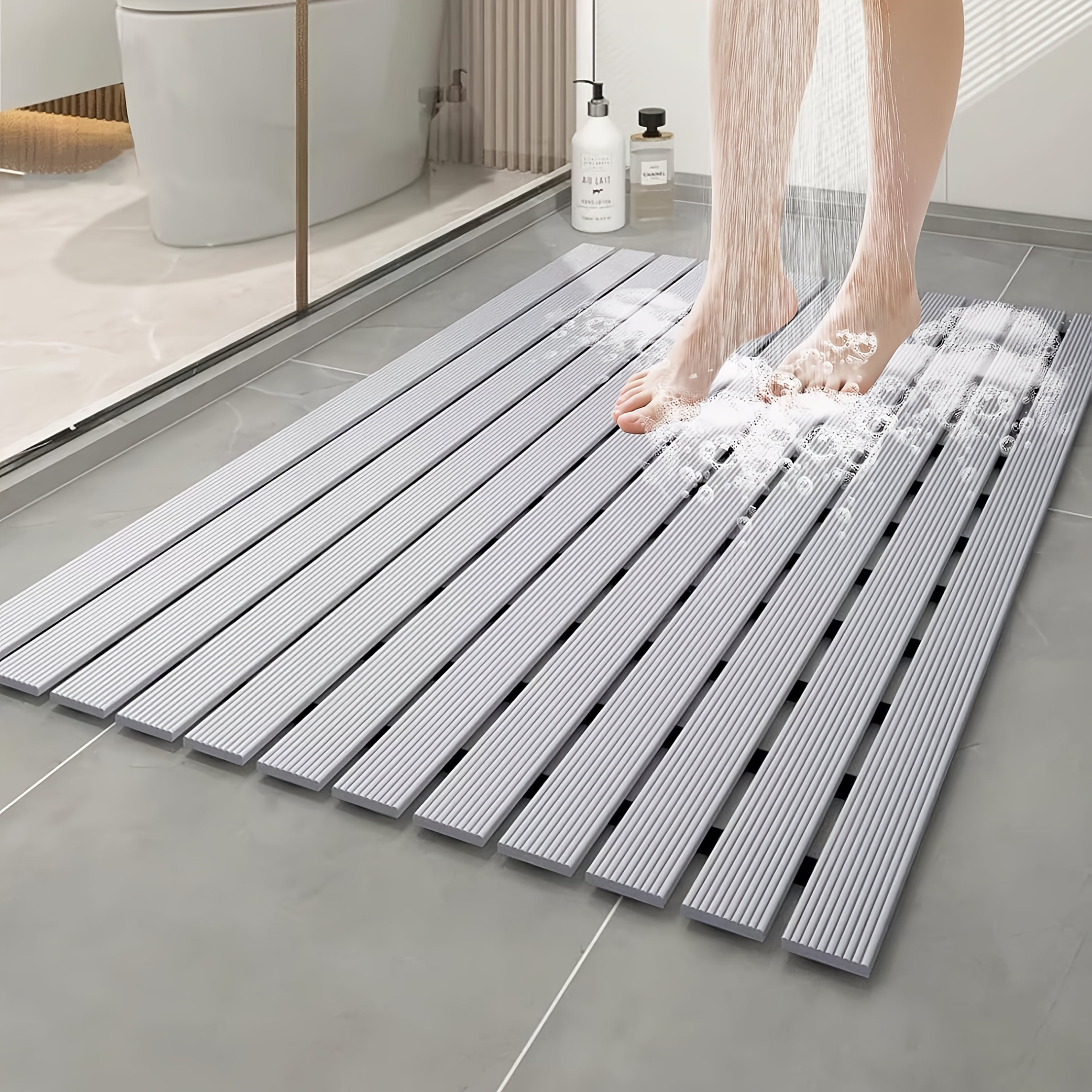 Non-Slip Shower Mat with Suction Cups and Drainage Holes - Quick-Dry Hard Stripe Design | Cut to Any Size 17"x24" (43x60cm) | Suitable for Wet and Slippery Floors in Showers and Bathtubs | Durable White and Gray, Easy-to-Clean Bathroom Mat, Shower Mats