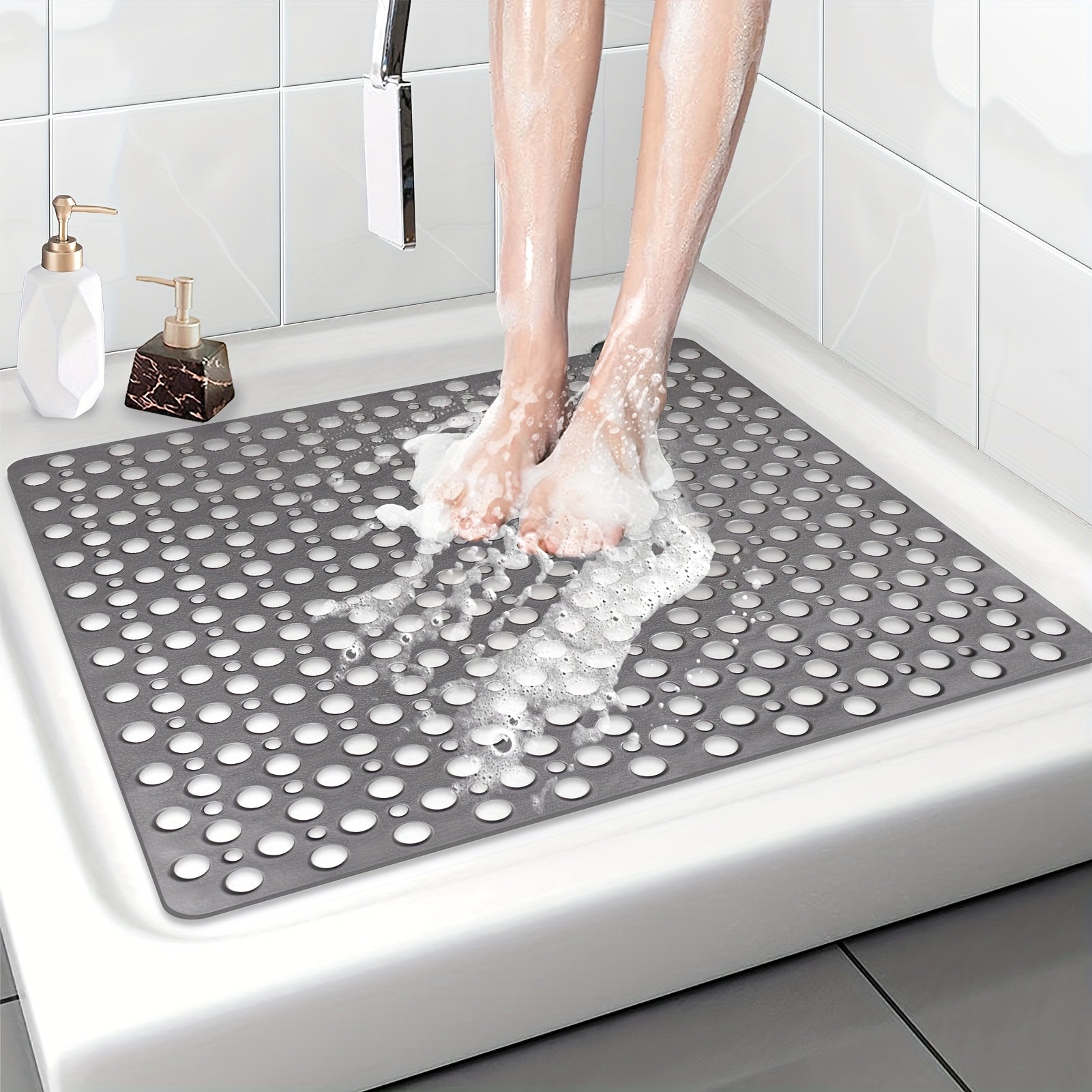 [Non-Slip Shower Mat] Non-Slip Shower Mat, Large | Round Hole Design with Drainage Holes and Strong Suction Cups for Enhanced Grip and Comfort, Machine Washable Bathroom TPE Safety Pad